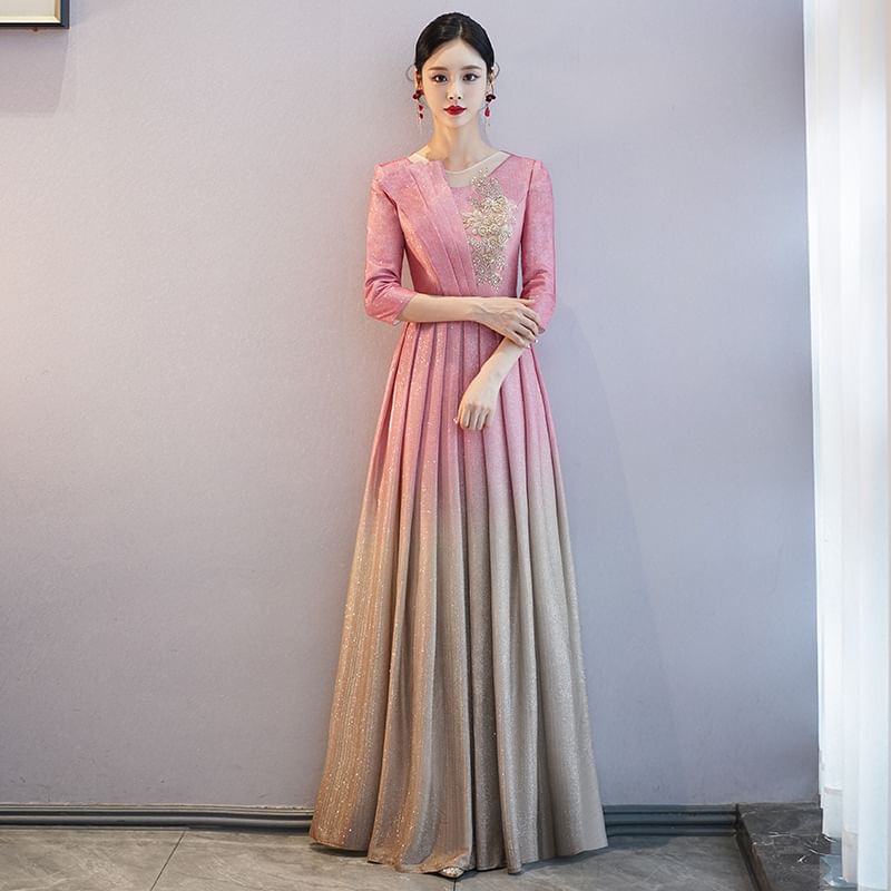 3/4-Sleeve Crew Neck Gradient Sequin Pleated A-Line Evening Gown
