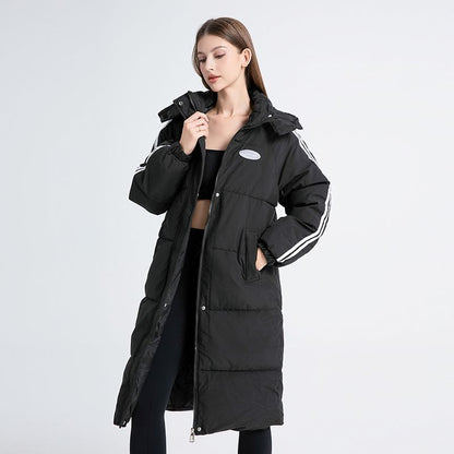 Stand Collar Striped Hood Midi Zip Puffer Coat