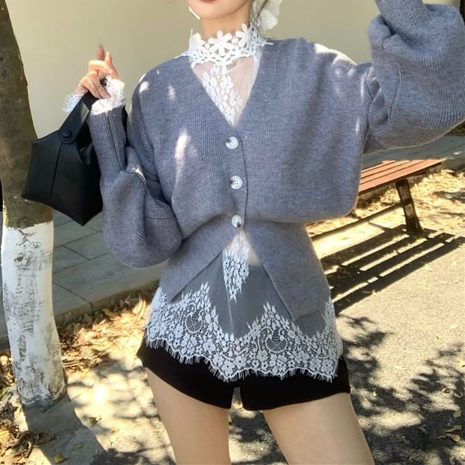 / Long-Sleeve Waist Shorts High Lace Neck Cardigan V-Neck Button-Up Top