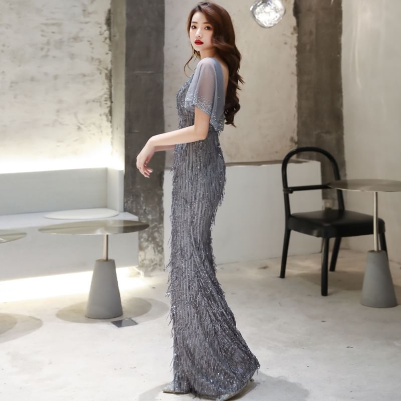 Short-Sleeve V-Neck Floral Sequined Sheath Evening Gown