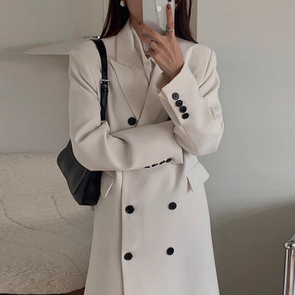 Peak Lapel Plain Midi Double Breasted Coat