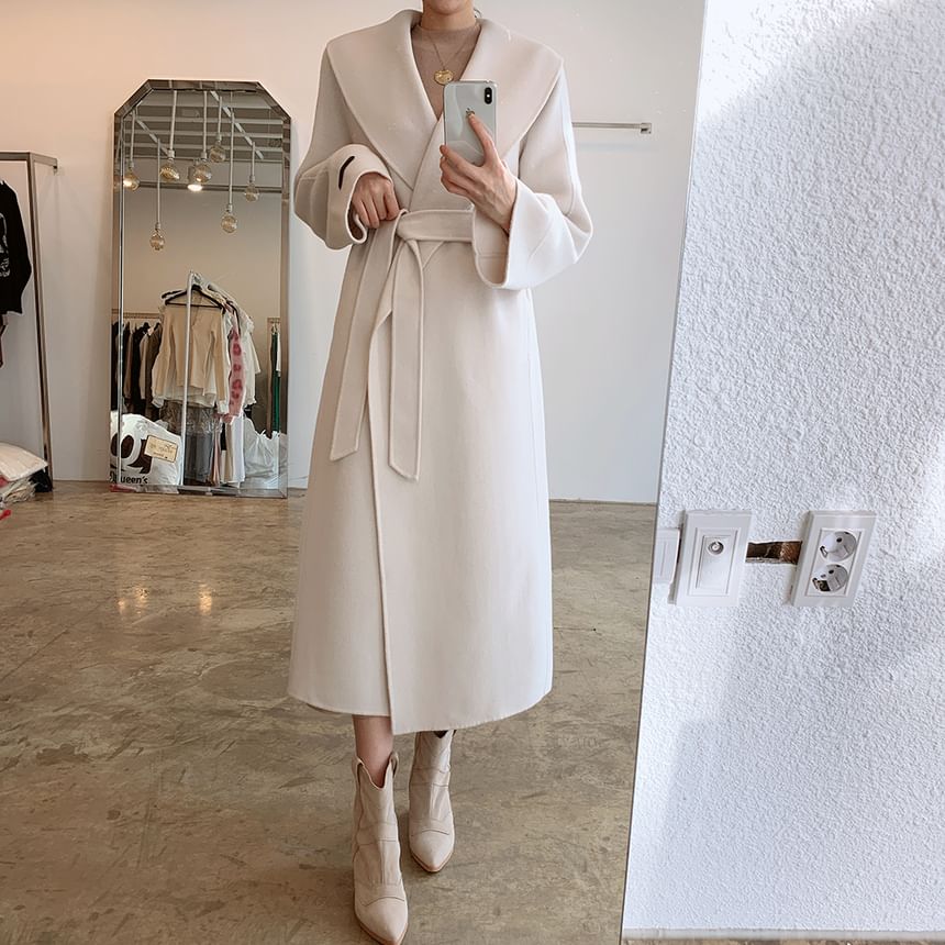 Collared Plain Midi Tie Front Coat