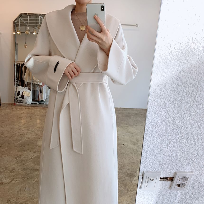 Collared Plain Midi Tie Front Coat