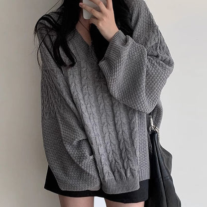 V-Neck Plain Cable Knit Sweater