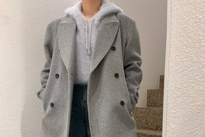 Collared Plain Midi Double Breasted Coat