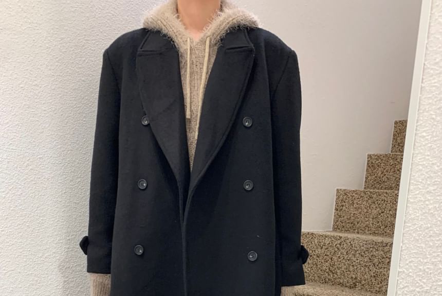 Collared Plain Midi Double Breasted Coat