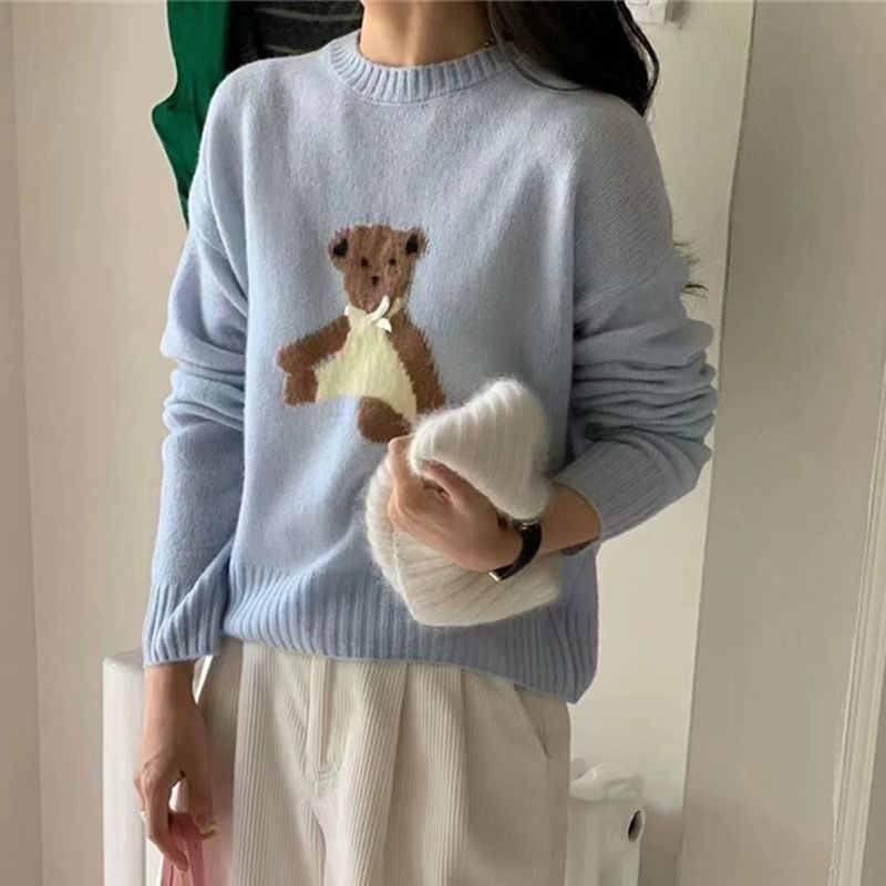 Crewneck Bear Embroidery Sweater