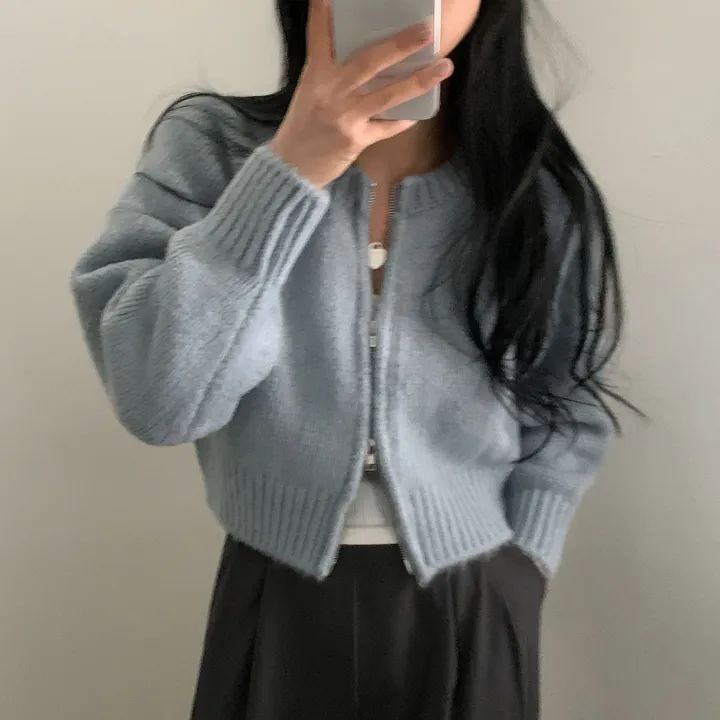 Round Neck Plain Zip Cardigan