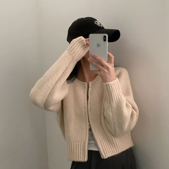 Round Neck Plain Zip Cardigan