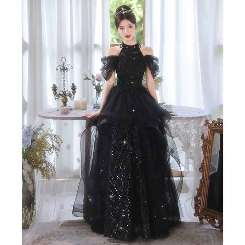 Cold Shoulder Sequin Mesh A-Line Evening Gown