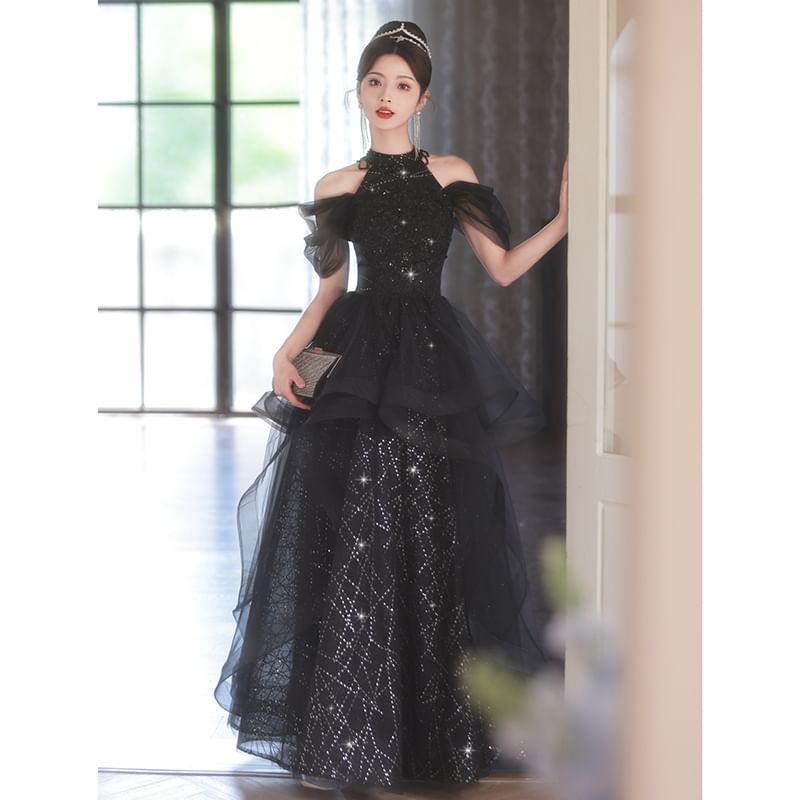 Cold Shoulder Sequin Mesh A-Line Evening Gown