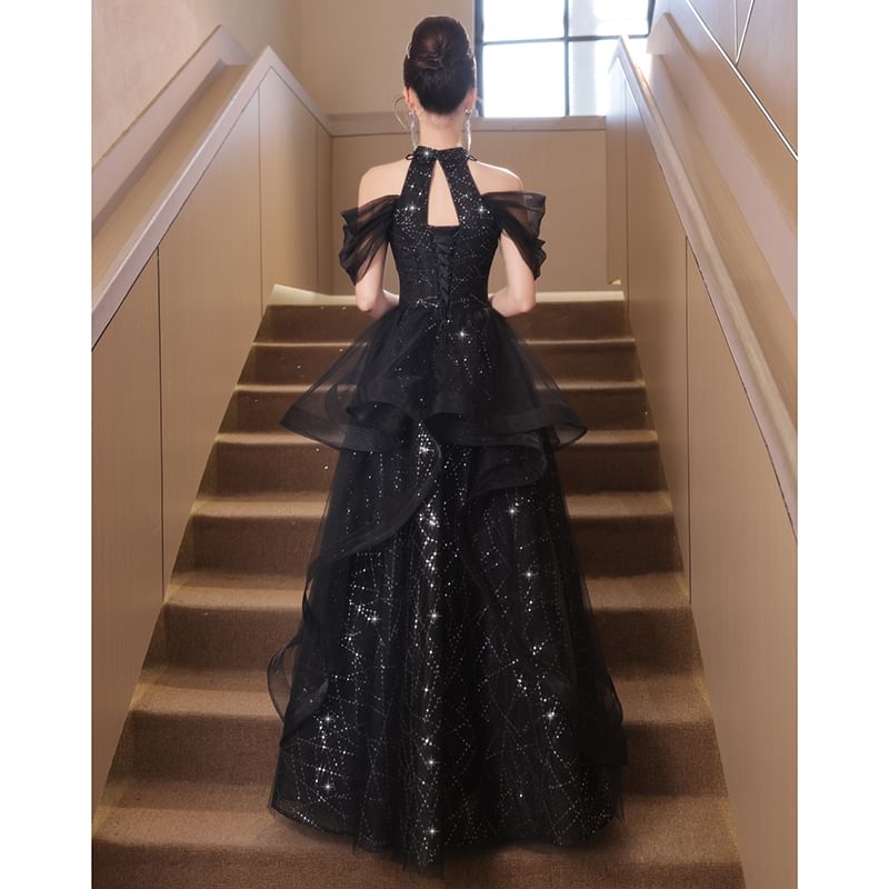 Cold Shoulder Sequin Mesh A-Line Evening Gown