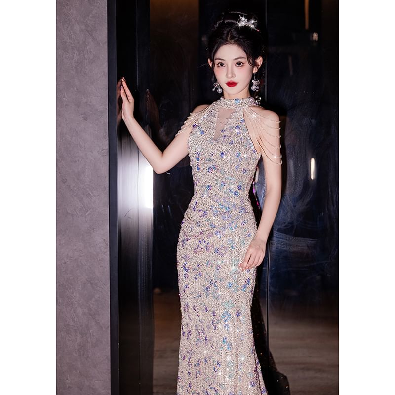 Sleeveless Sequin Mermaid Evening Gown