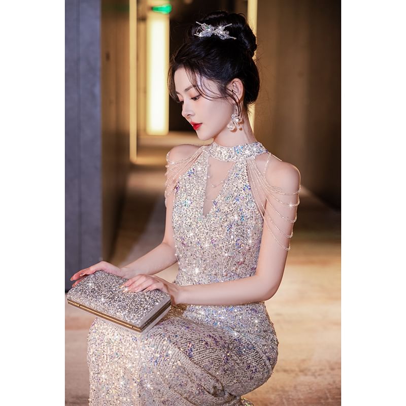 Sleeveless Sequin Mermaid Evening Gown