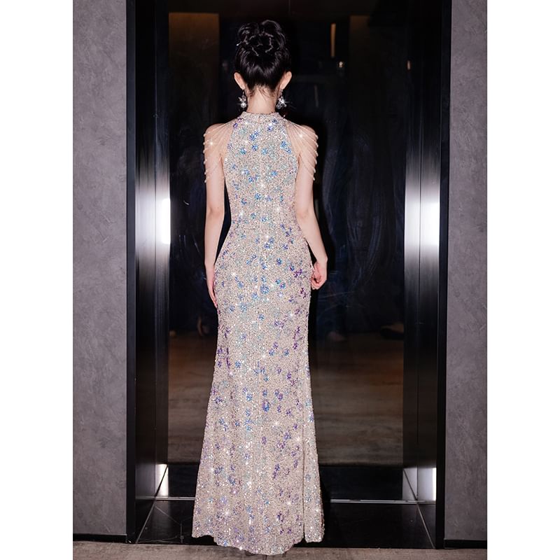 Sleeveless Sequin Mermaid Evening Gown