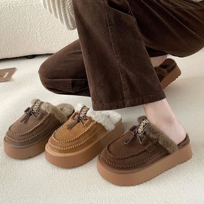 Platform Bow Accent Fleece-Lined Moccasin Mules