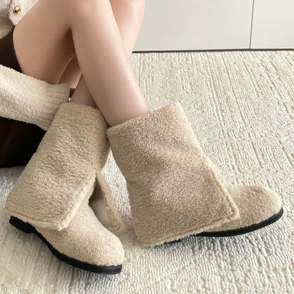 Low Heel Plain Fleece Short Boots