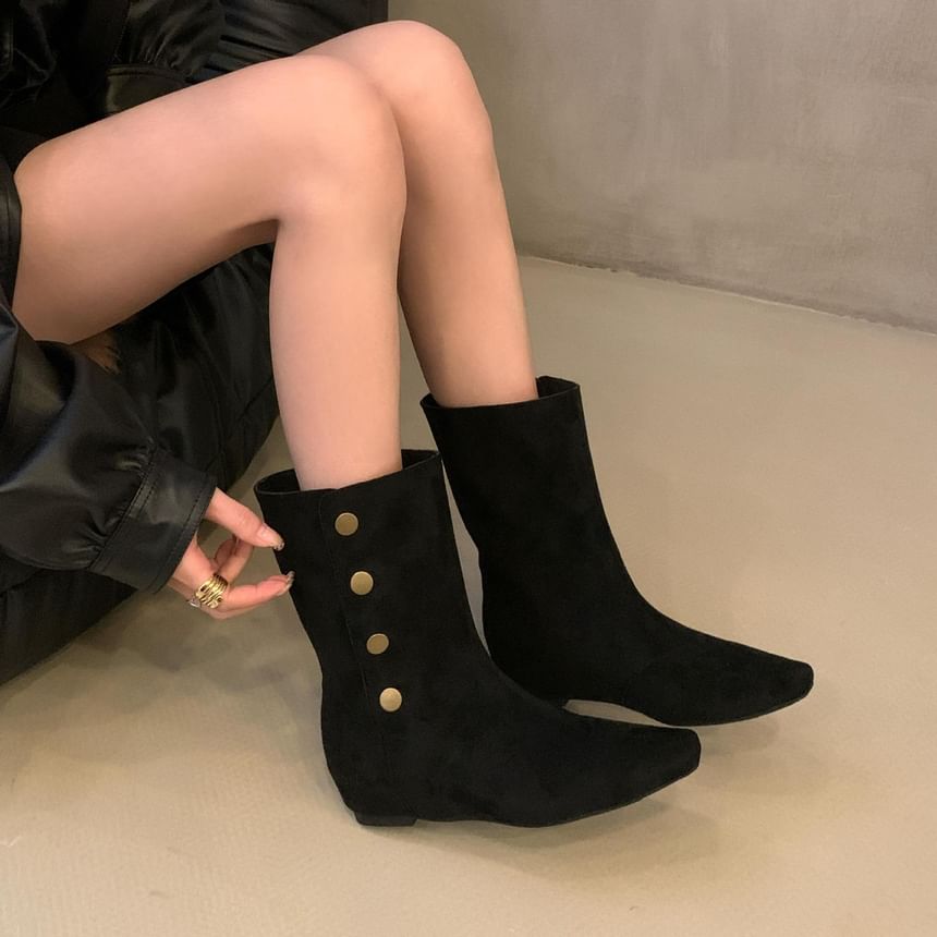 Hidden Wedge Plain Buttoned Mid-Calf Boots