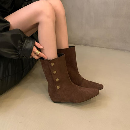 Hidden Wedge Plain Buttoned Mid-Calf Boots