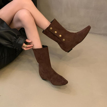 Hidden Wedge Plain Buttoned Mid-Calf Boots