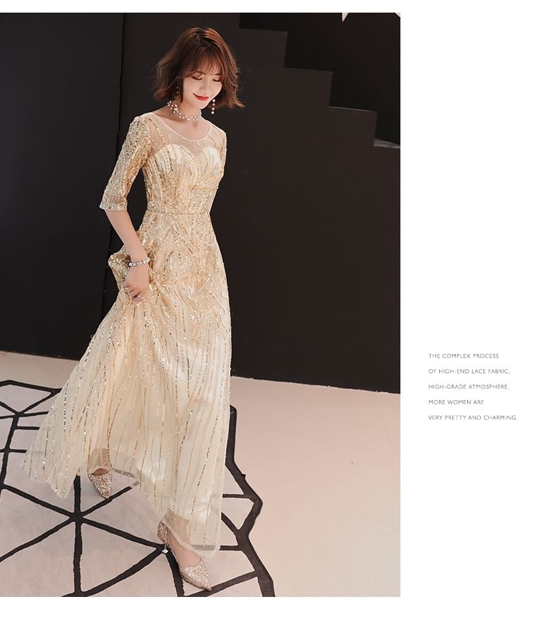 Elbow-Sleeve Round Neck Sequin A-Line Evening Gown