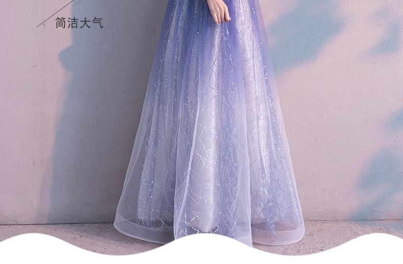 Short-Sleeve Round Neck Gradient Sequin A-Line Evening Gown / Midi Dress