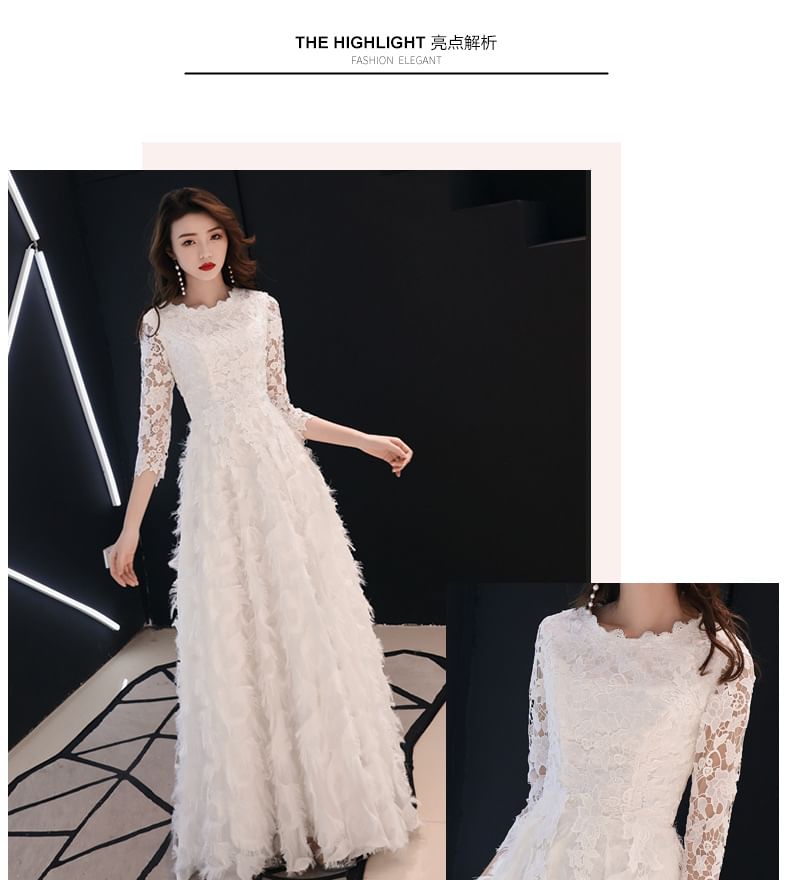Dress / Gown Evening Round Lace Midi A-Line Neck 3/4-Sleeve Fringed
