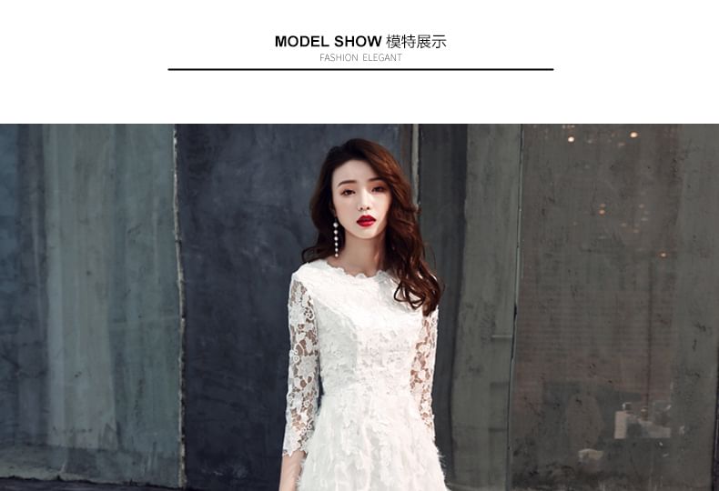 Dress / Gown Evening Round Lace Midi A-Line Neck 3/4-Sleeve Fringed