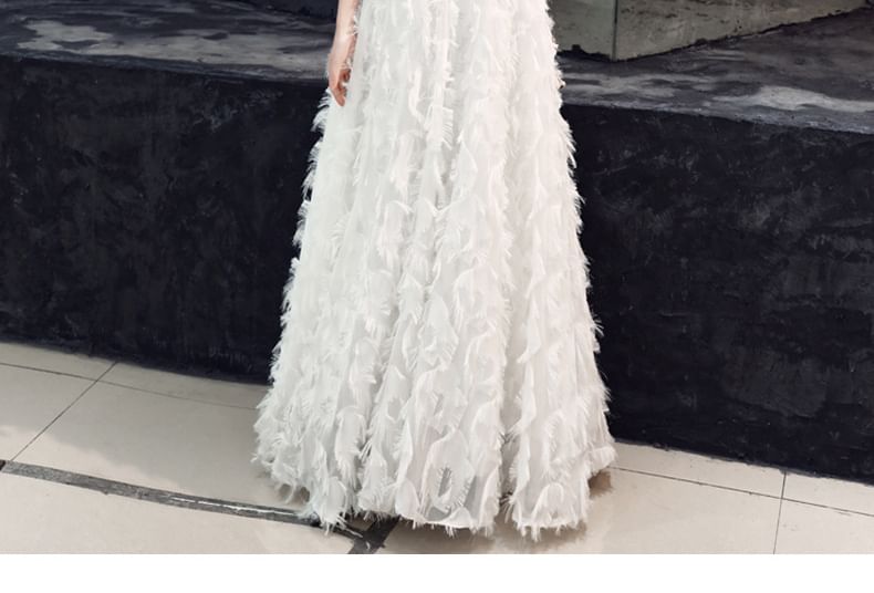 Dress / Gown Evening Round Lace Midi A-Line Neck 3/4-Sleeve Fringed