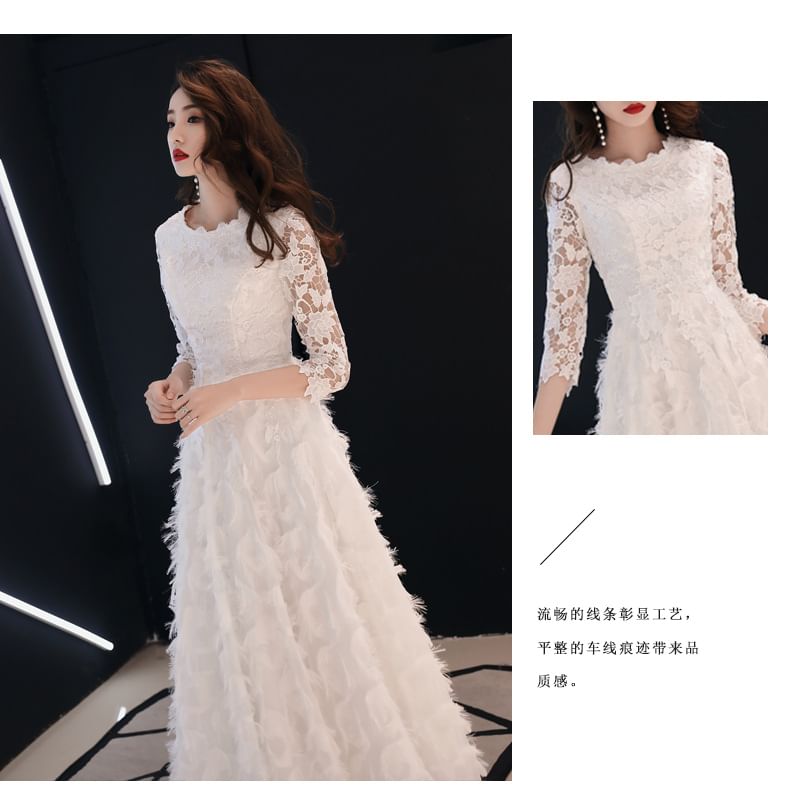 Dress / Gown Evening Round Lace Midi A-Line Neck 3/4-Sleeve Fringed