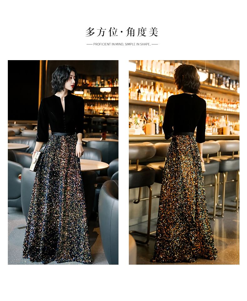 3/4-Sleeve Notch Neck Sequin Panel Evening Gown (Various Designs)
