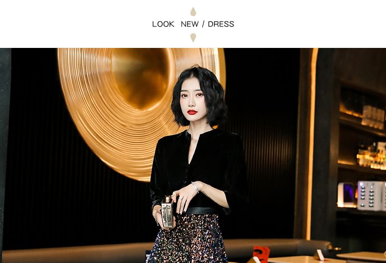 3/4-Sleeve Notch Neck Sequin Panel Evening Gown (Various Designs)