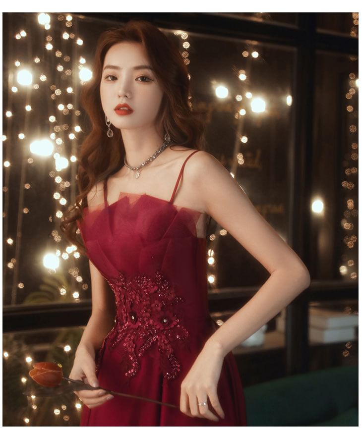 Midi Dress Spaghetti Strap A-Line Sequin Evening Gown /