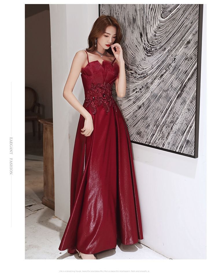 Midi Dress Spaghetti Strap A-Line Sequin Evening Gown /