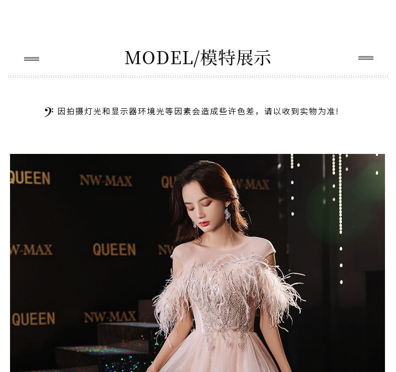 Trim Gown Evening / Mesh A-Line Fluffy Midi Dress Sequin Off-Shoulder