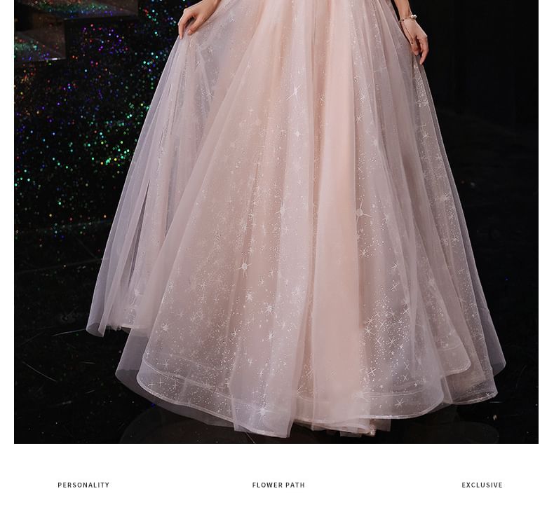 Trim Gown Evening / Mesh A-Line Fluffy Midi Dress Sequin Off-Shoulder