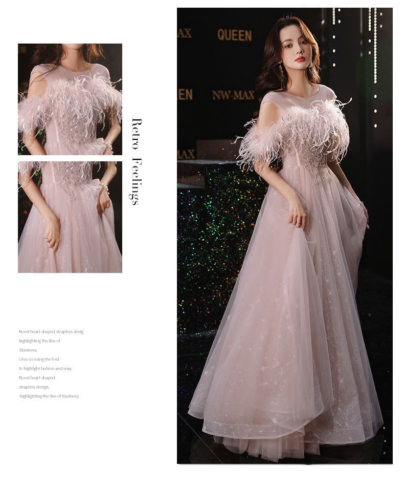 Off-Shoulder Sequin Fluffy Trim Mesh A-Line Evening Gown / Midi Dress