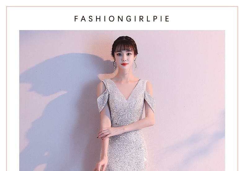 Sequin Mermaid Cold-Shoulder Gown Cap-Sleeve Evening V-Neck