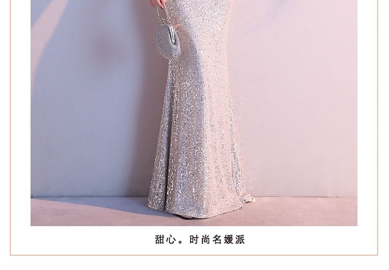 Sequin Mermaid Cold-Shoulder Gown Cap-Sleeve Evening V-Neck
