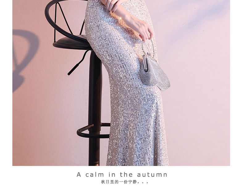 Cap-Sleeve V-Neck Cold-Shoulder Sequin Mermaid Evening Gown