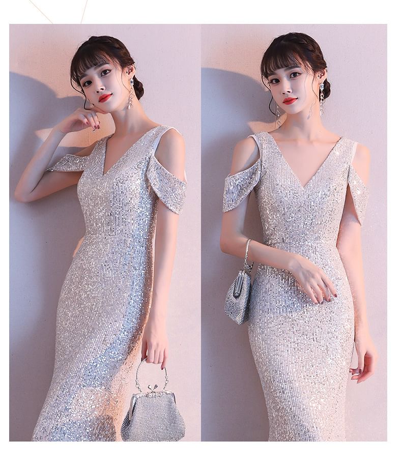 Sequin Mermaid Cold-Shoulder Gown Cap-Sleeve Evening V-Neck