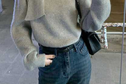 Mock Neck Plain Ribbed Knot Sweater