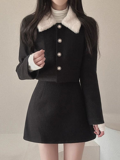 Set: Plain Fluffy Trim Single-Breasted Jacket + High Waist Mini A-Line Skirt