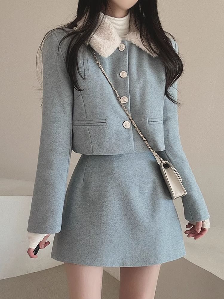 Set: Plain Fluffy Trim Single-Breasted Jacket + High Waist Mini A-Line Skirt