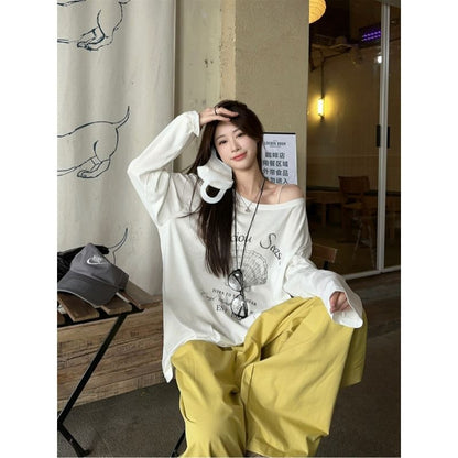 Long Sleeve Cold-Shoulder Graphic & Lettering Print Loose-Fit Pullover / High Waist Loose-Fit Wide-Leg Cargo Pants