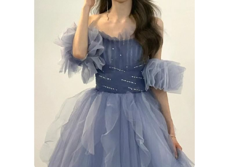 Off-Shoulder Sequin Tulle A-Line Evening Gown