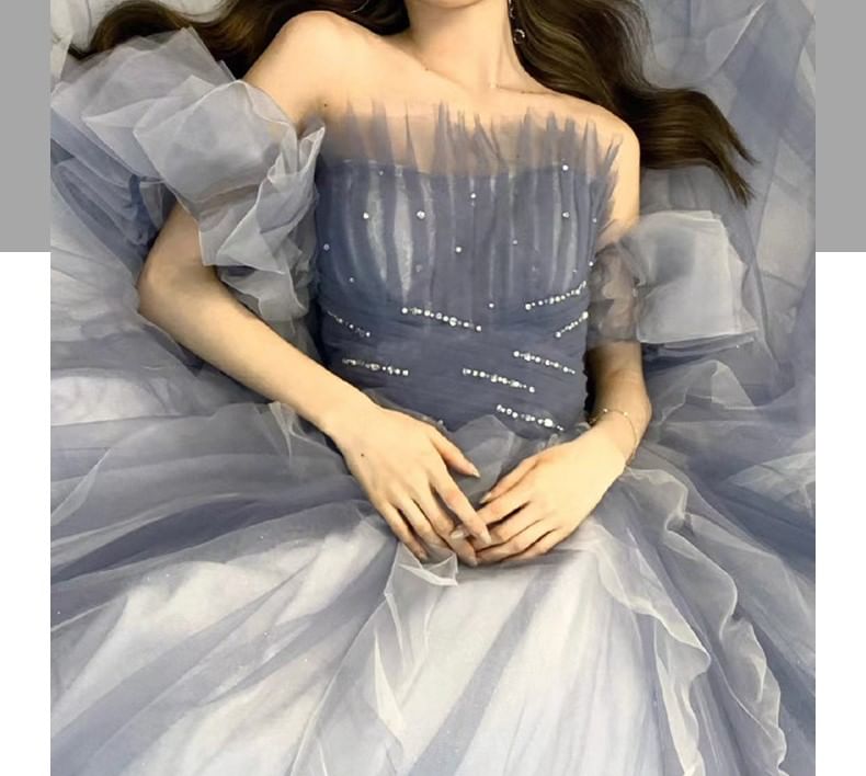 Off-Shoulder Sequin Tulle A-Line Evening Gown