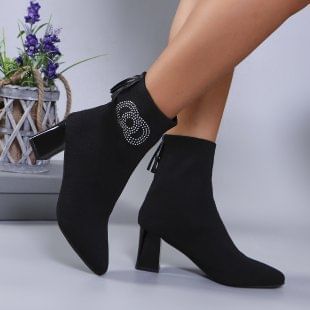 Rhinestone Accent Socks Boots Toe Pointed Heel Chunky Short