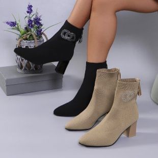 Rhinestone Accent Socks Boots Toe Pointed Heel Chunky Short