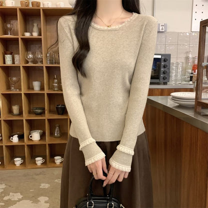 Long-Sleeve Round Neck Lace Trim Slim Fit Knit Top